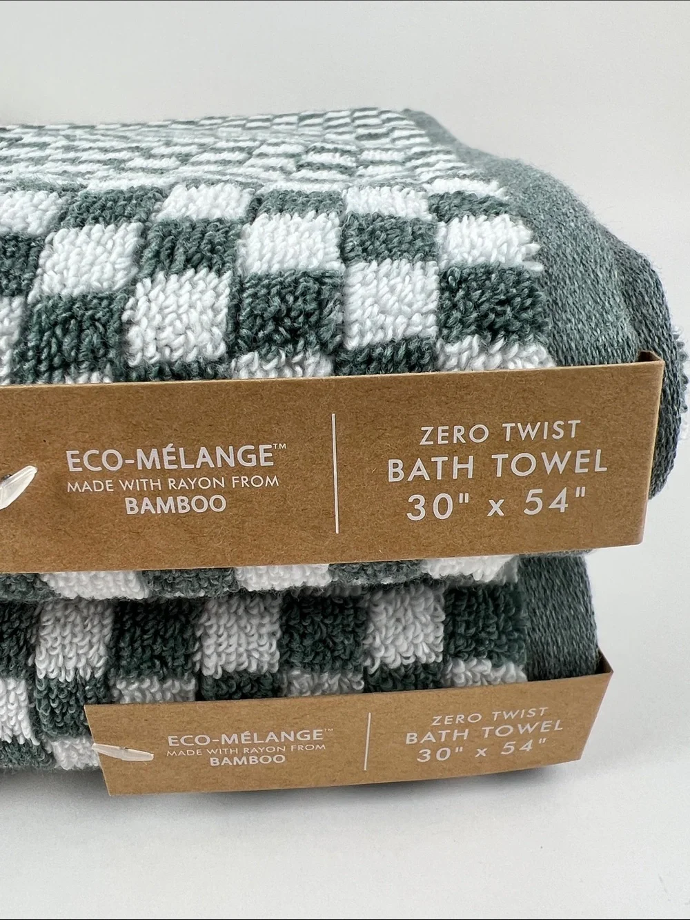 Common Thread Bamboo Eco-Mélange Bath Towels Checkerboard Green White 2 Pc NEW